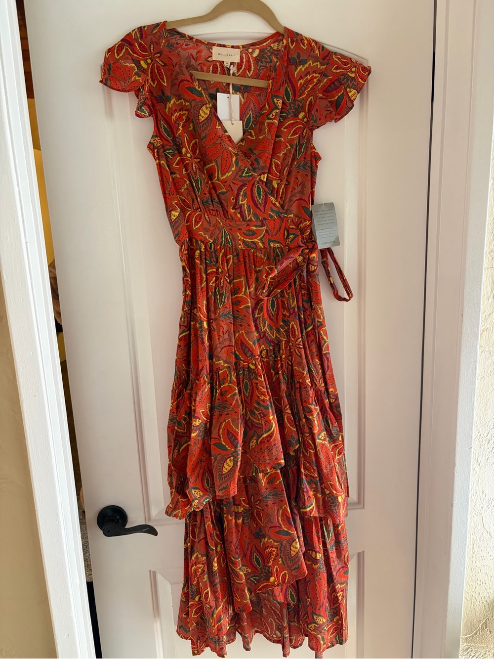 NWT MELLODAY Rust Faux Wrap flutter sleeve midi Dress - size XS